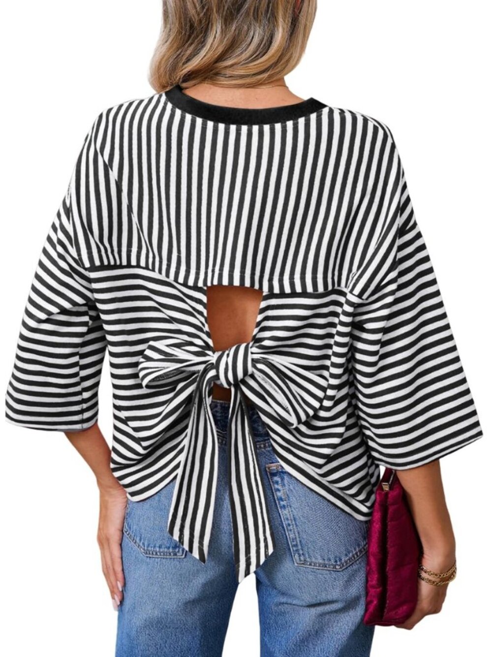 Womens Tops 2026 Striped Tie Back Short Sleeve T Shirts Crewneck Casual Loose